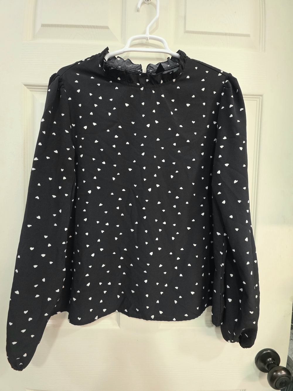 SHEIN Black Heart-Print Ruffle-Neck Long Sleeve Blouse
